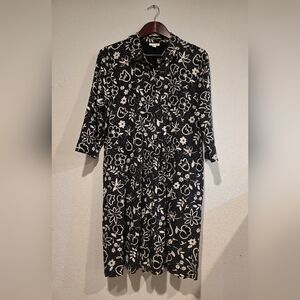 J.Jill Shirt Dress Sz Large Petite Black Floral Long Sleeve Knee Length